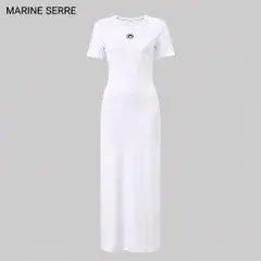 MARINE SERRE マリーンセル ムーンロゴ刺繍 リブ 半袖 ロングワンピース マキシ丈 タイトワンピース ホワイト 白 M オーガニックコ 【D607】