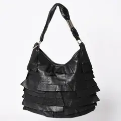 極美品 YVES SAINT LAURENT イヴサンローラン サントロペ ティアードフリル ワンショルダーバッグ 122245 ブラック ゴールド金具 中古 4a006600