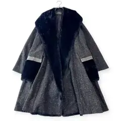 EIKO KONDO エイココンドウ パッチワーク Aラインコート ボリュームフェイクファー ツイード フレア ショールカラー 42 XL
