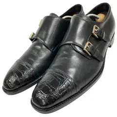 【ブリオーニ】本物 Brioni 靴 28cm 黒 クロコダイル ダブルモンクストラップ ビジネスシューズ ワニ革×レザー メンズ 伊製 9EU 10US