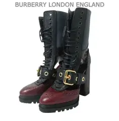 未使用 BURBERRY LONDON ENGLAND バーバリー ウエストマーシュ ミドルブーツ ロングブーツ スネークレザー メダリオン ベルト レースアップ チャンキーヒール バーガンディ×ブラック×グレー サイズ36 約23cm レディース