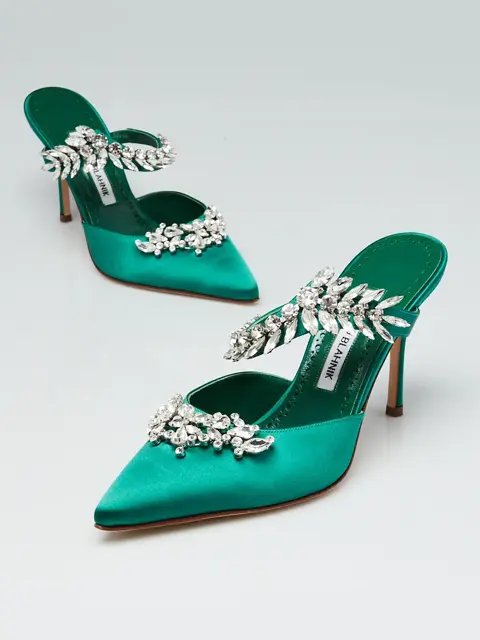 Manolo Blahnik Bright Green Satin and Crystal Lurum Cocktail Mules Size 7.5/38