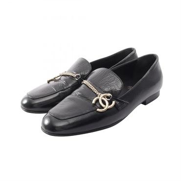 CHANEL COCO Mark Chain Loafers Shoes #37 leather Black Used Women CC