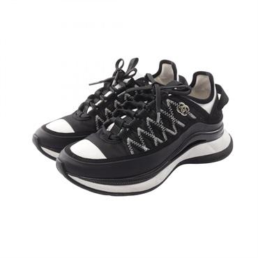 CHANEL COCO Mark Sneakers Shoes #37 leather Fabric Black White Used Women CC