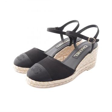 CHANEL COCO Mark Wedge Sole Sandals Heels #38 G39934 Fabric Black Used Women CC