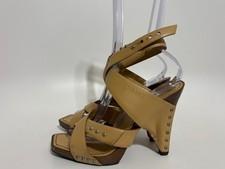Vtg Chanel Beige Leather Logo Sandal Heels 36.5