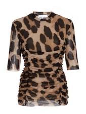 Ganni Ruched Leopard Print Stretch Mesh in Brown/Black/Size SMALL