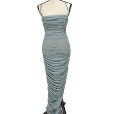 House of CB Fornarina Dress Women S Blue Metallic Ruched Maxi Semi Sheer Rare