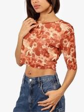 GANNI Rust Floral Mesh Crop Top Semi Sheer Stretch 3/4 Sleeve Y2K XS EU 34