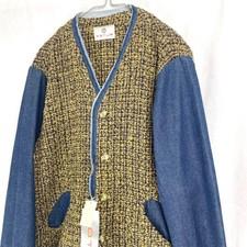 90s FOTUS Denim No Collar Jacket Blue Free Size Vintage Style