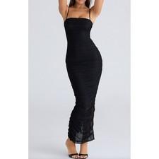 House of CB Fornarina Bodycon Gathered Mesh Maxi Dress Black Ruched Womens M
