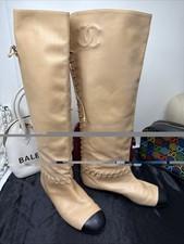 Chanel CC Flat Boots 40 Beige Knee High Lace Up Moccasin Booties Flats CC Logos
