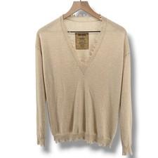 Uma Wang Cashmere Distressed V-Neck Sweater Small Beige Knit Italian Luxury