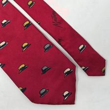 VINTAGE CLAUDE MONTANA SILK TIE RED MAFIA BOWLER HAT PRINT ITALY 3.5 X 54