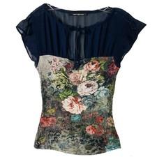 NWOT FORNARINA Top S Chiffon Sheer Floral-Art Bow-Tie Cut-Out Flutter-Short-Slev