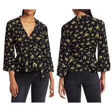 Ganni Womens Wrap Top EU 36 US 4 Black Yellow Floral Peplum Tie Waist Blouse