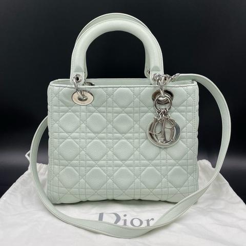 迪奧/Dior Lady Dior淺藍色荔枝紋牛皮五格戴妃 24*20 15年