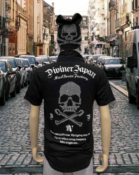 DIVINER JPN Punk Sparkling Cross Bone Skull Embroidery Shirt