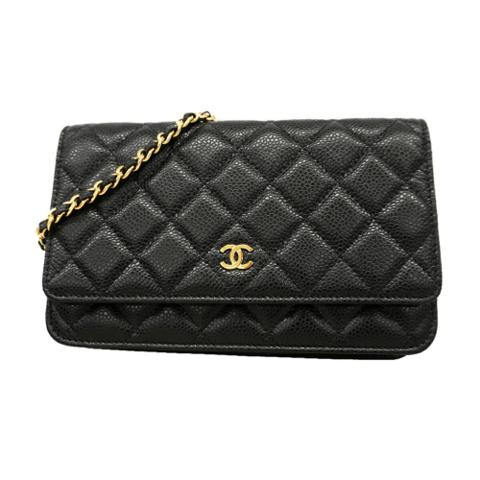Chanel Matelassé Chain Shoulder Wallet, Caviar Leather, Black, Women's, OP014287
