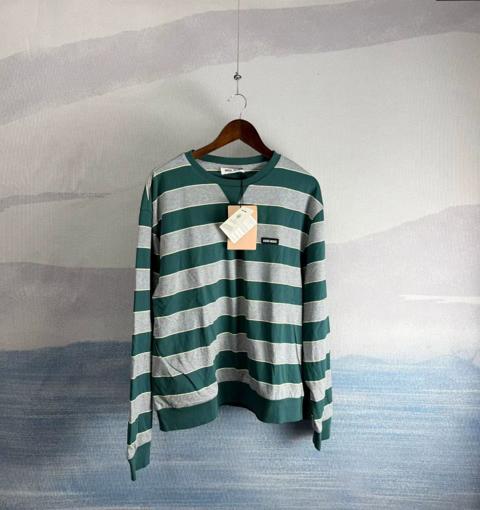 Miu Miu Gray-Green Striped Logo Long Sleeve S
