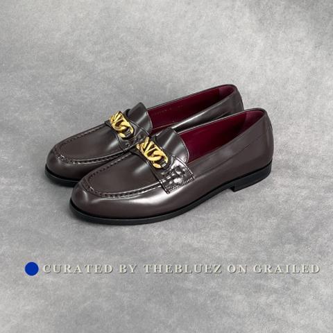 Valentino Dark Brown Leather Loafers Gold Chain
