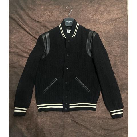 Saint Laurent Wool Teddy Jacket Black Leather Trim Size 50