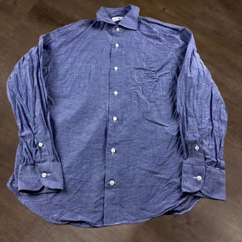 Luciano Barbera Shirt Mens Medium Blue Chambray Linen Cotton Button Up Preppy