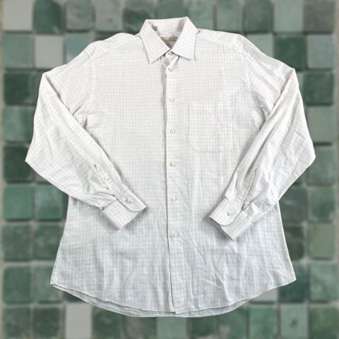 Ermenegildo Zegna Dress Shirt Men Large White Brown Blue Check Long Sleeve Designer