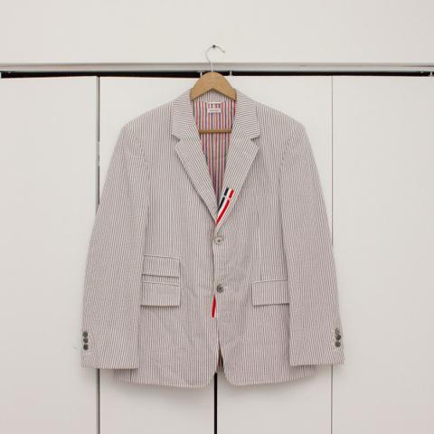 Thom Browne Striped Seersucker Grosgrain Placket Sport Coat