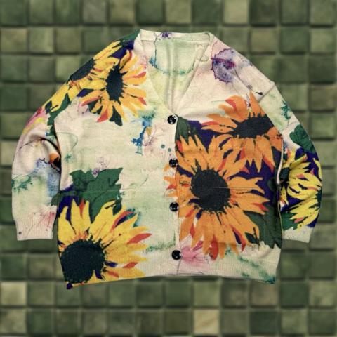 VINTAGE Sunflower Cardigan Women XL Yellow Knit All Over Print Wool Cotton Blend