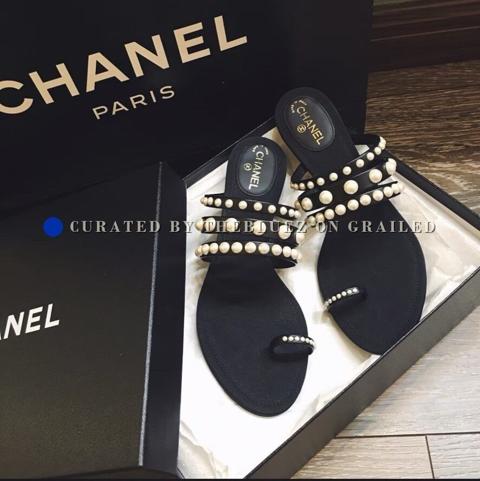 Chanel Pearl Velvet Camellia Flat Sandals