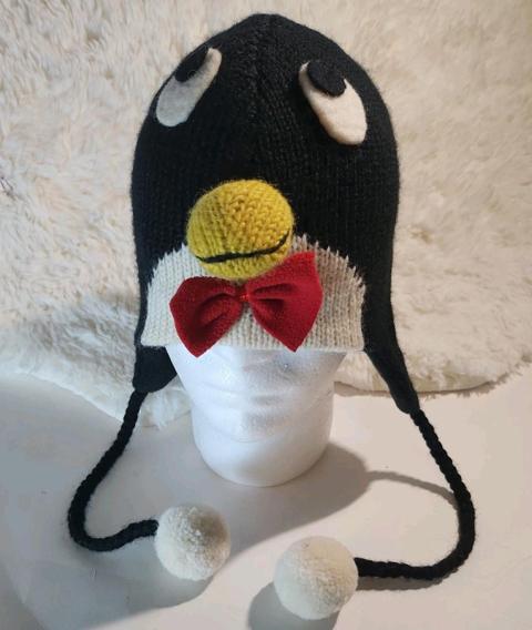 PENGUIN HAT knit BLACK Red bow Ski Cold Costume Ice Hockey