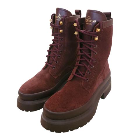 Valentino Rockstud Burgundy Suede Platform Combat Boots