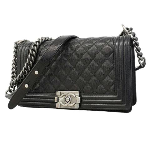 Chanel Boy Chain Shoulder Bag, Caviar Leather, Black, Women's OP019651
