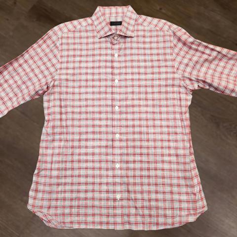 Z Zegna Button-Up Shirt Mens Size 42 Red Blue Plaid Linen Blend Long Sleeve Ermenegildo