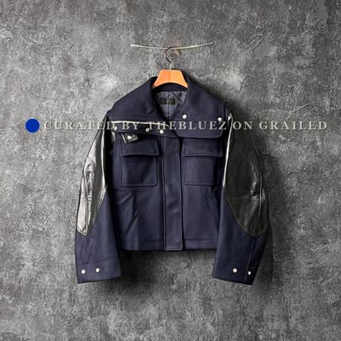 Helmut Lang Navy Leather Sleeve Jacket
