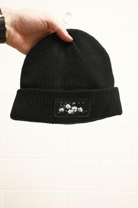 FORMER Black Knit Beanie Hat OSFA Floral Patch