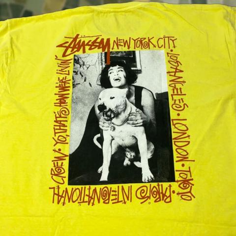 VINTAGE Stussy Mens T-Shirt Long Sleeve Crew Neck 2XL Fall Spring Summer Winter Yellow Cotton Logo 90s