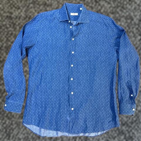 Luciano Barbera Shirt Mens XL Button Up L/S Blue Linen Paisley Business Casual