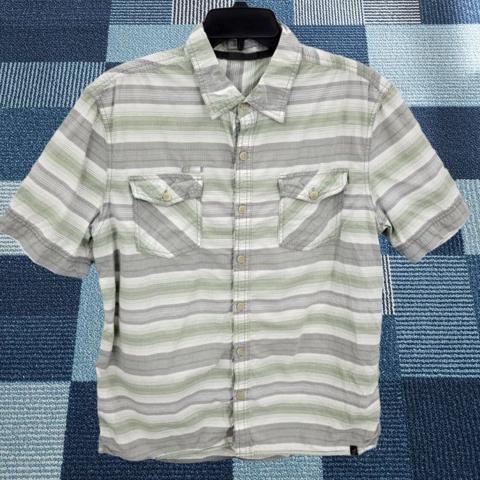 Gramicci Shirt Mens Large Gray Green Stripe Button Up Casual Pockets Y2K Reto