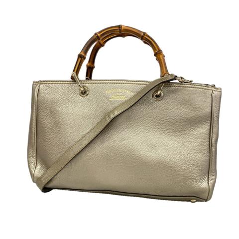Gucci Bamboo Handbag 323660 Leather Pale Silver Champagne 2-way Bag for Women OP019923