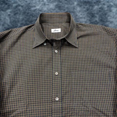 Brioni Shirt Mens 2XL XXL Gray Orange Check 100% Cotton Long Sleeve Casual Italy