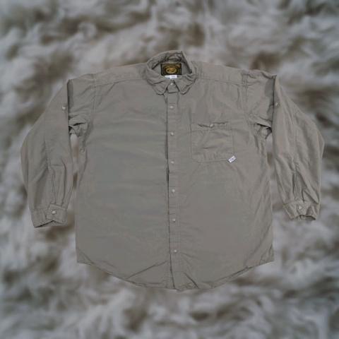 VINTAGE Gramicci Shirt Mens Large Green Taupe Ring Spun Cotton USA Made Sun Faded