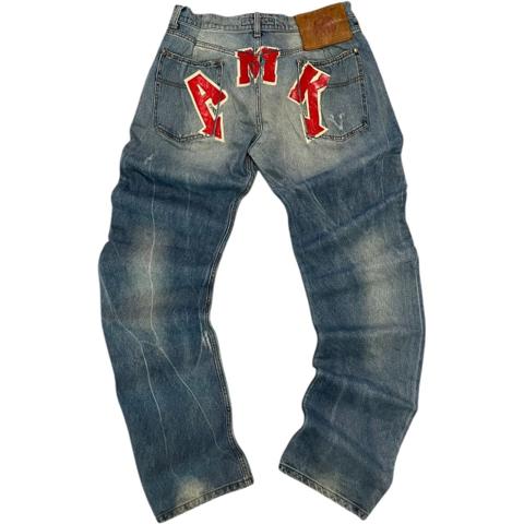 Andrew Mackenzie Red Paint Denim Designer Stacked Jeans