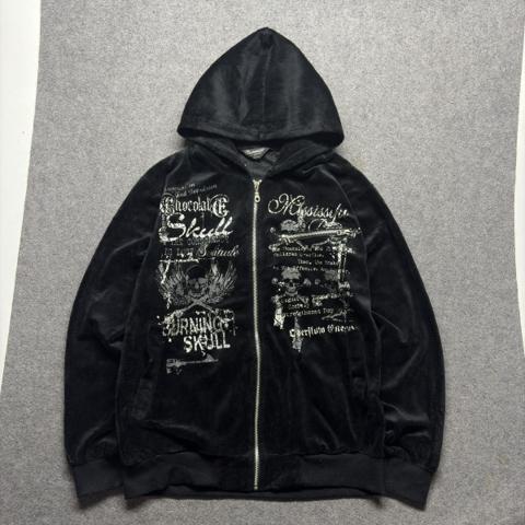 Beaumere Y2K Gothic Skull Velour Zip-Up Hoodie