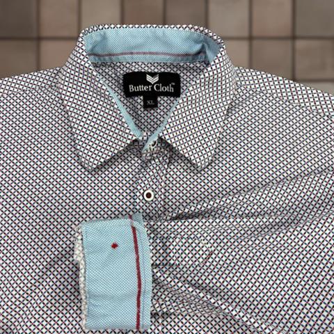 Buttercloth Geometric Long Sleeve Shirt Mens XL Blue Cotton Button-Up