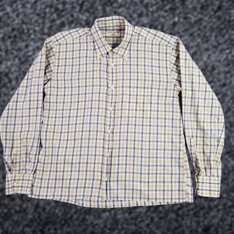 Luciano Barbera Shirt Mens XL Beige Blue Plaid Button Down Cotton Made In Italy