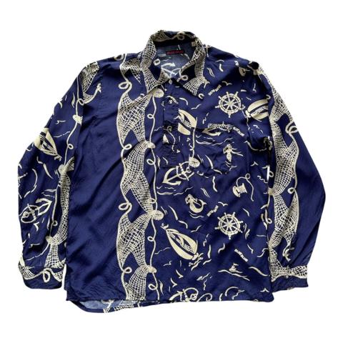 Blue Blue Half Snap Button Long Sleeve Rayon Shirt