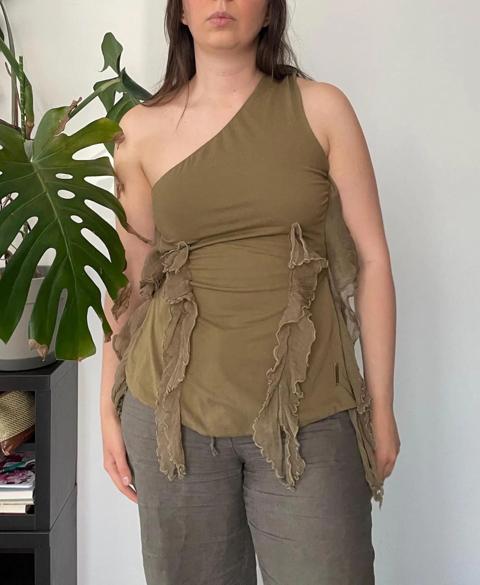 Fornarina One-Sleeve Ruffle Top Khaki / Olive 2000s — Size M