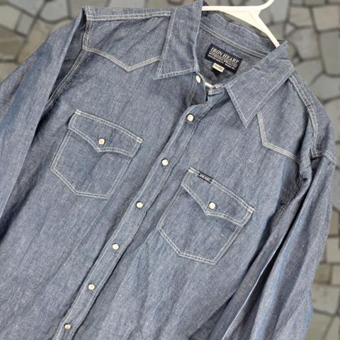 Iron Heart Shirt Mens 2XL Blue Chambray Long Sleeve Western Pearl Snap